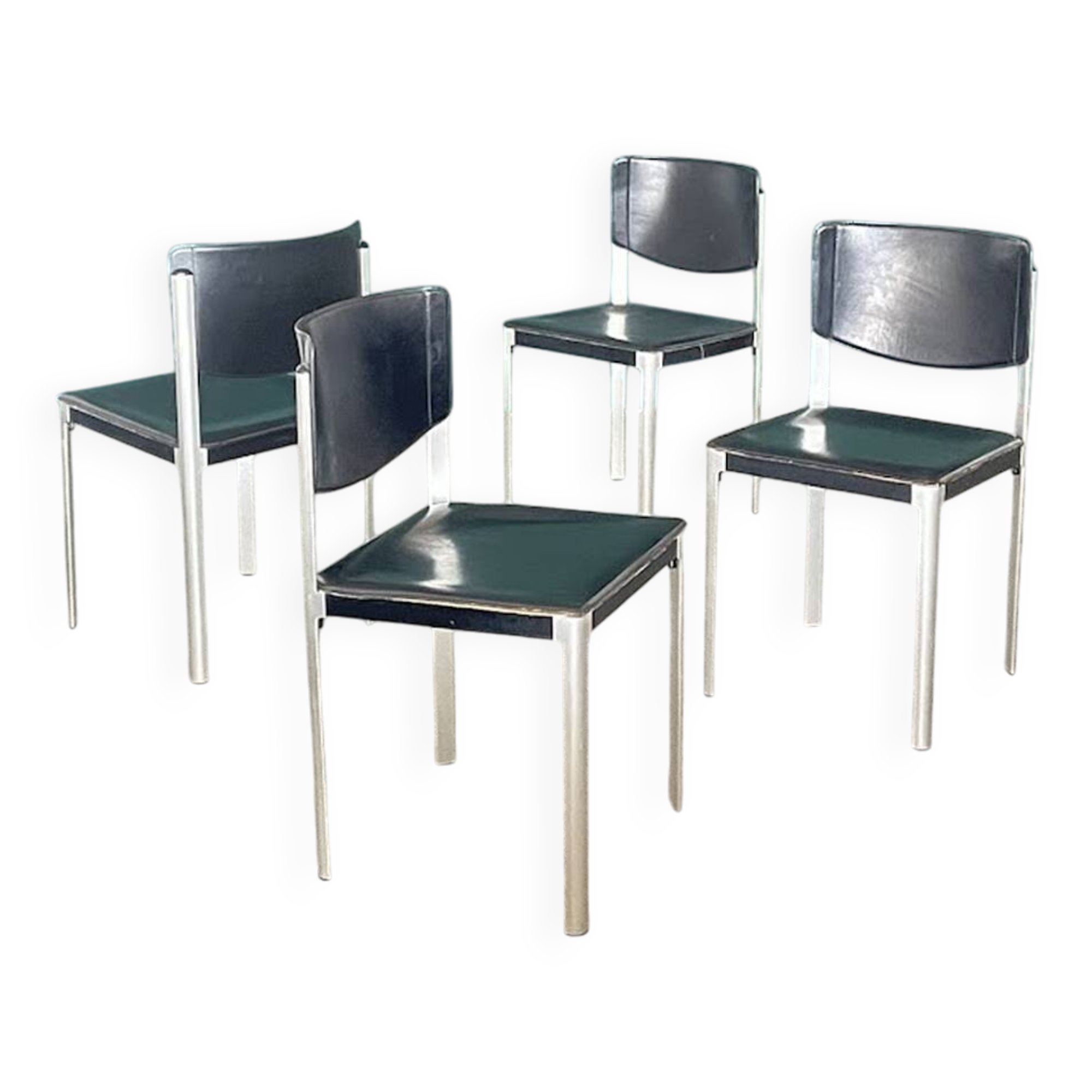 Set of 4 Matteo Grassi Postmodern Black Leather Dining Chairs, Italy, 1980s