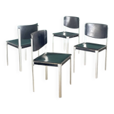 Set of 4 Matteo Grassi Postmodern Black Leather Dining Chairs, Italy, 1980s