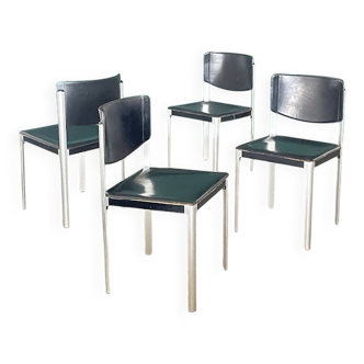 Set of 4 Matteo Grassi Postmodern Black Leather Dining Chairs, Italy, 1980s