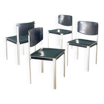 Lot de 4 chaises de salle à manger postmodernes en cuir noir Matteo Grassi, Italie, années 1980