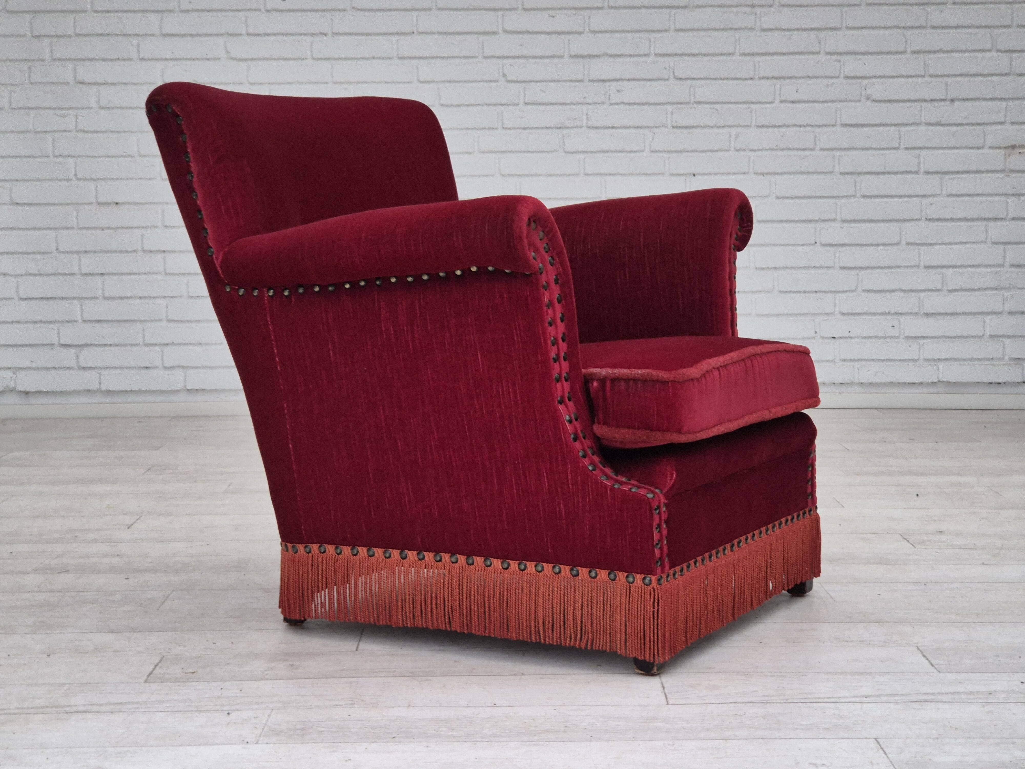 1970s, Danish lounge chair, original condition, cherry-red velour fabric.