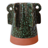 Sculptural ceramic vase with dark green glaze and shimmering highlights