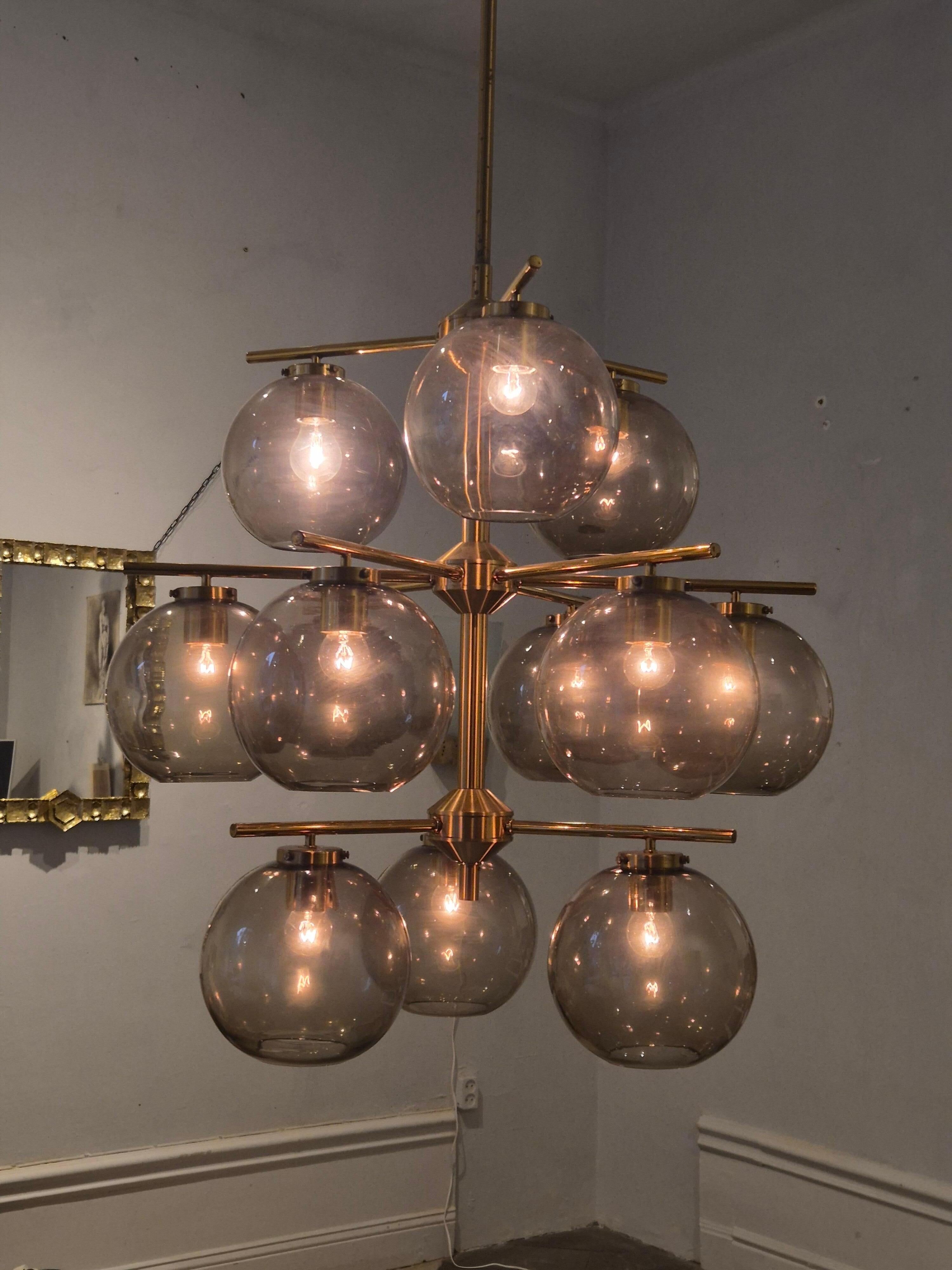 Holger Johansson, brass and grey glass chandelier, The Modern Scandinavian