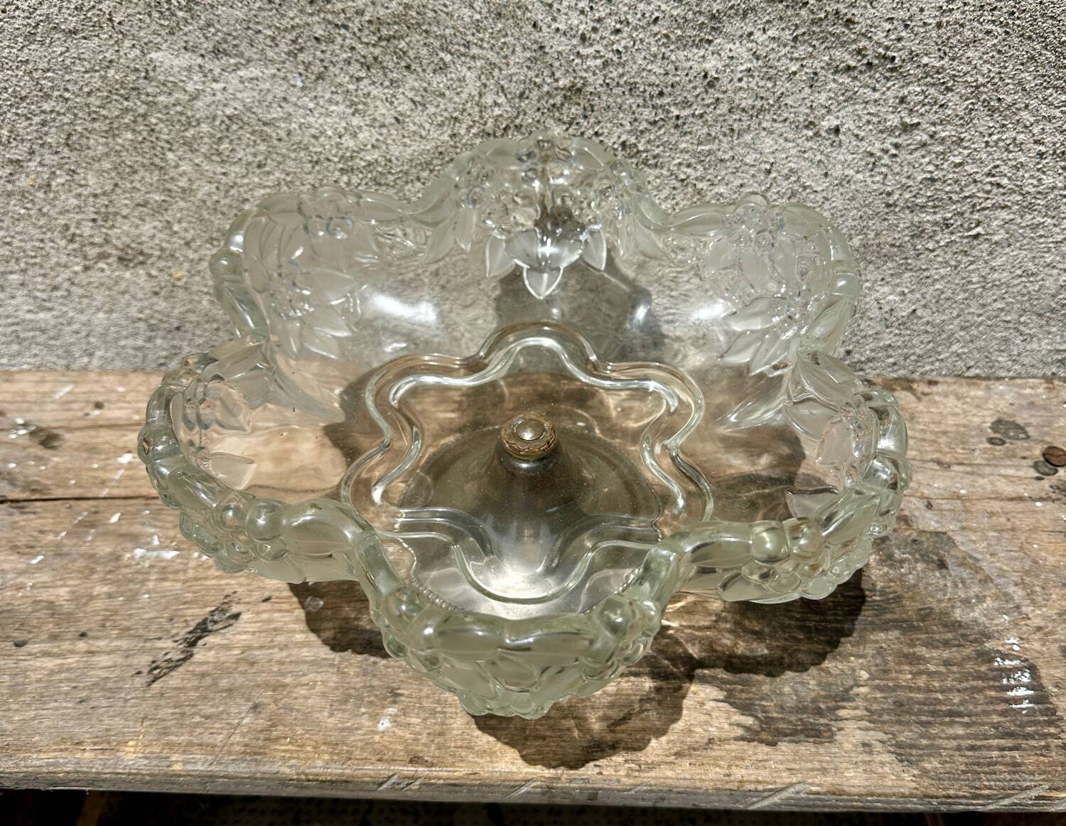 Vintage crystal and moulded glass fruit bowl, metal base.