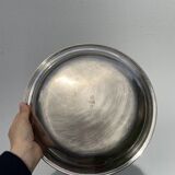 Round silver-plated metal serving dish with hallmark