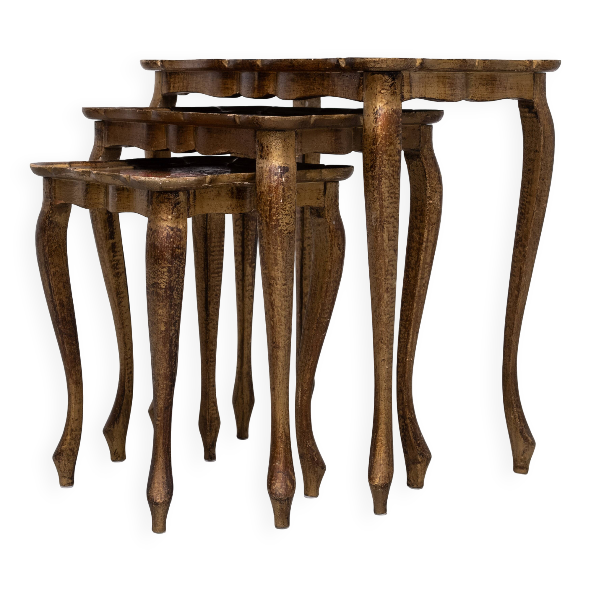 Triptych Florentine Gold and Red Wood Italian nesting Tables, 1960