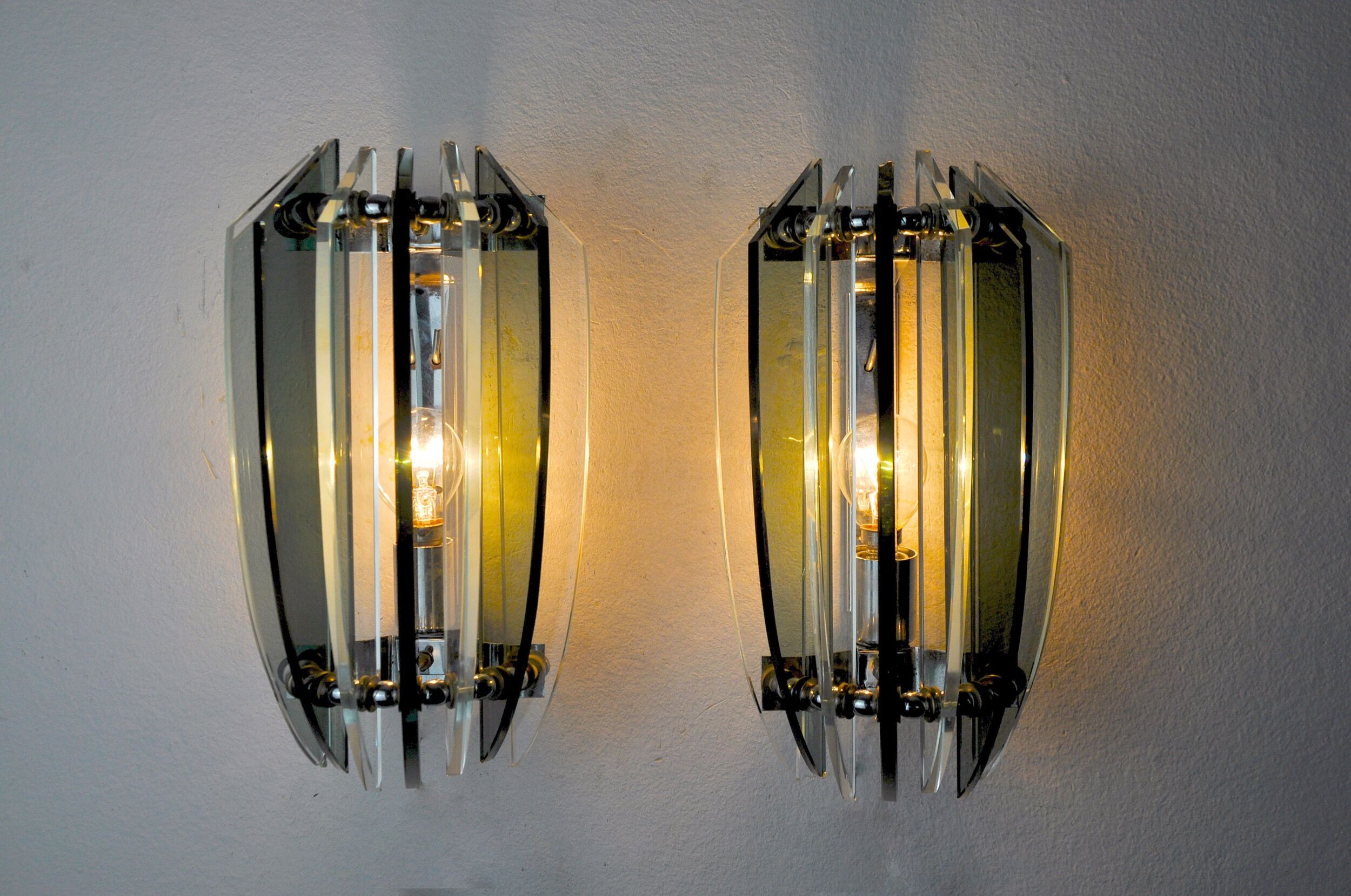 Pair of veca bicolor wall lamps, green murano glass, italy 1970