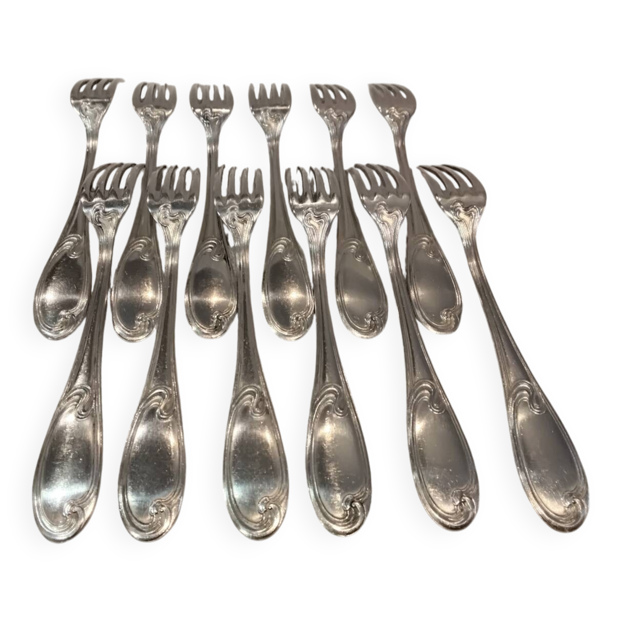 12 silver-plated metal table forks by Ercuis silversmiths, Mousseline pattern