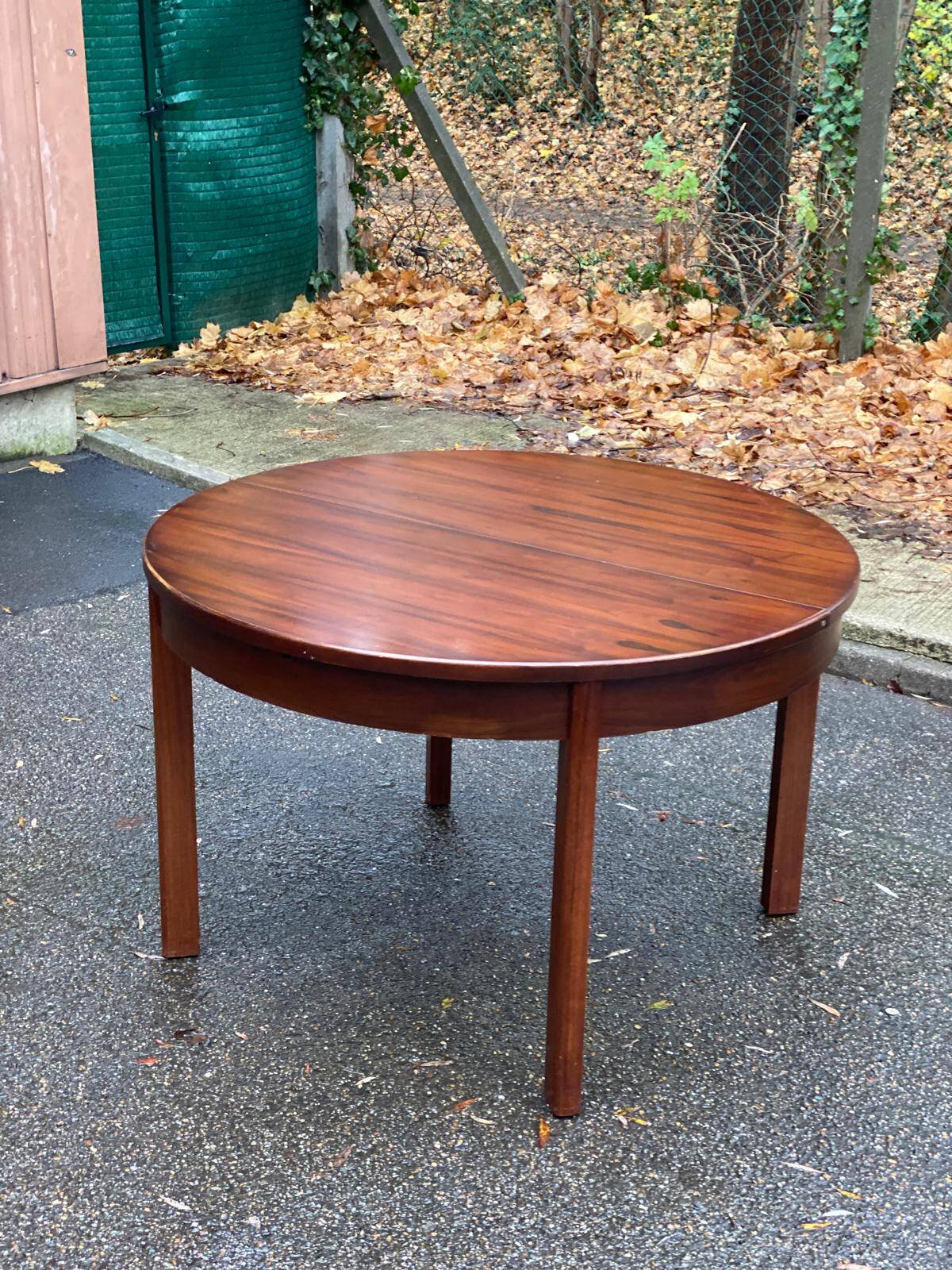 Scandinavian dining table and 4 Hans Olsen style chairs in teak and velvet.