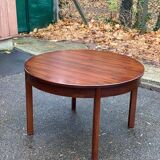 Scandinavian dining table and 4 Hans Olsen style chairs in teak and velvet.
