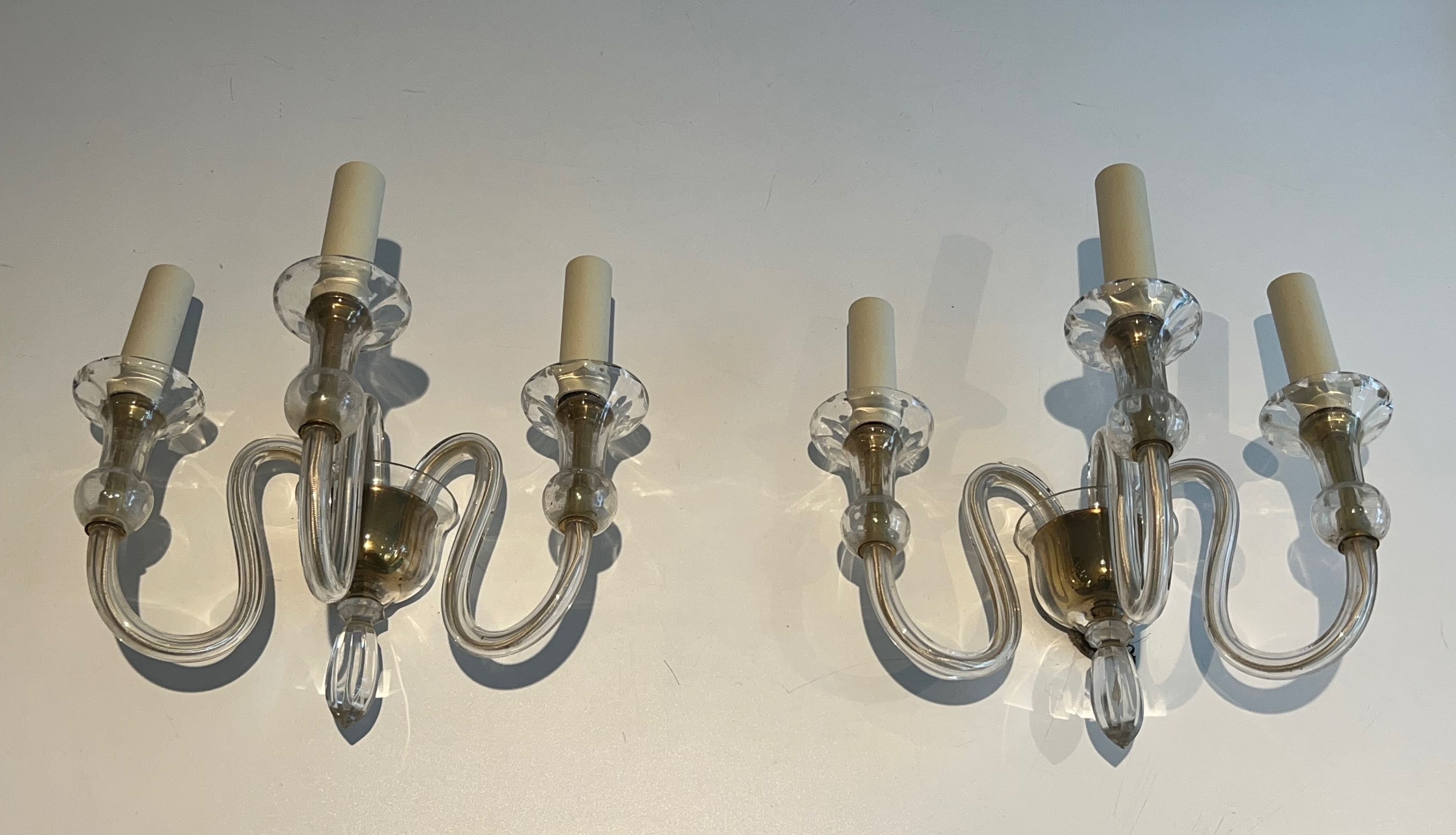 Pair of Murano crystal wall lights with 3 arms.