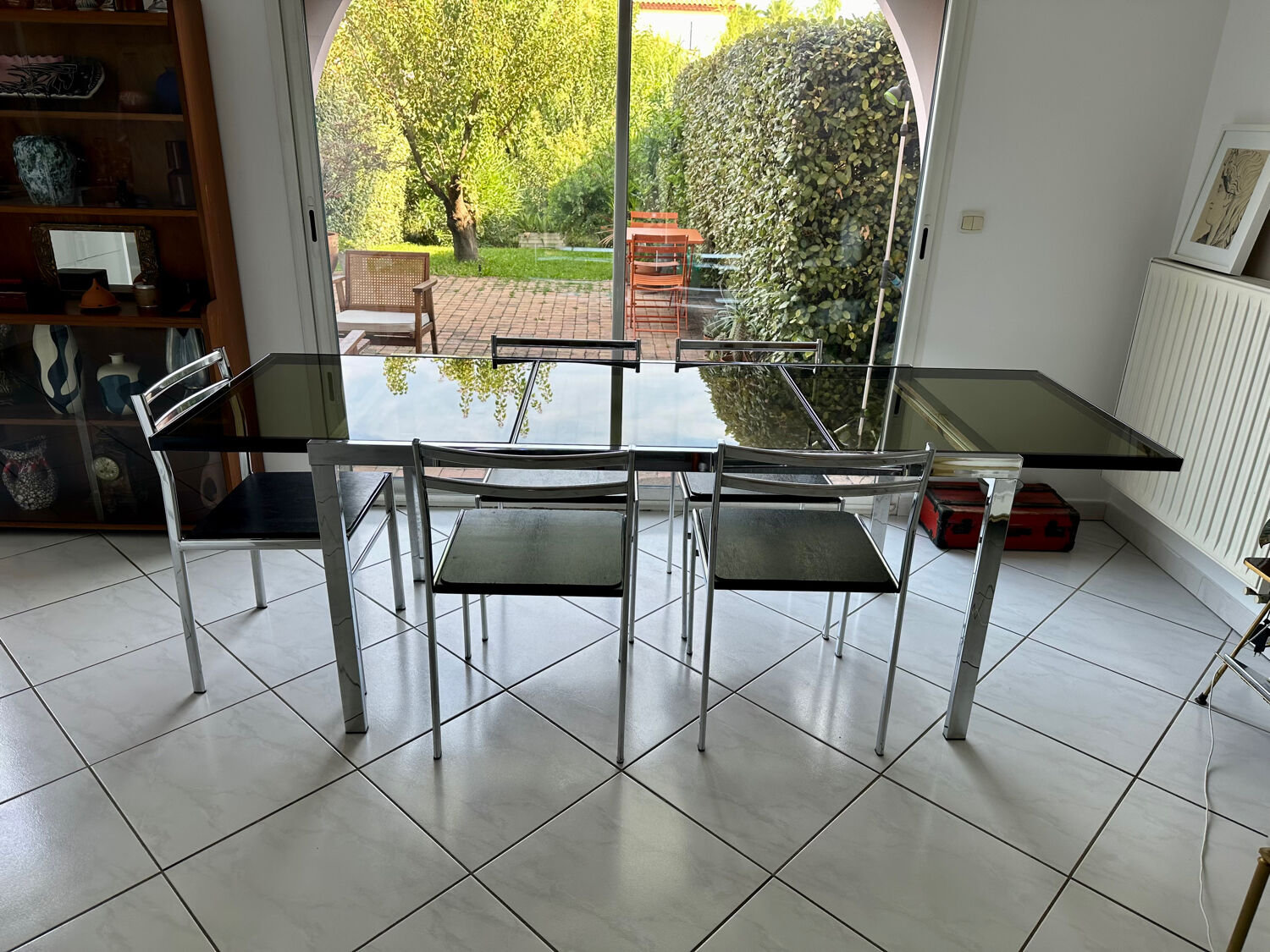 Vintage dining set – smoked glass & chrome – 5 chairs – year