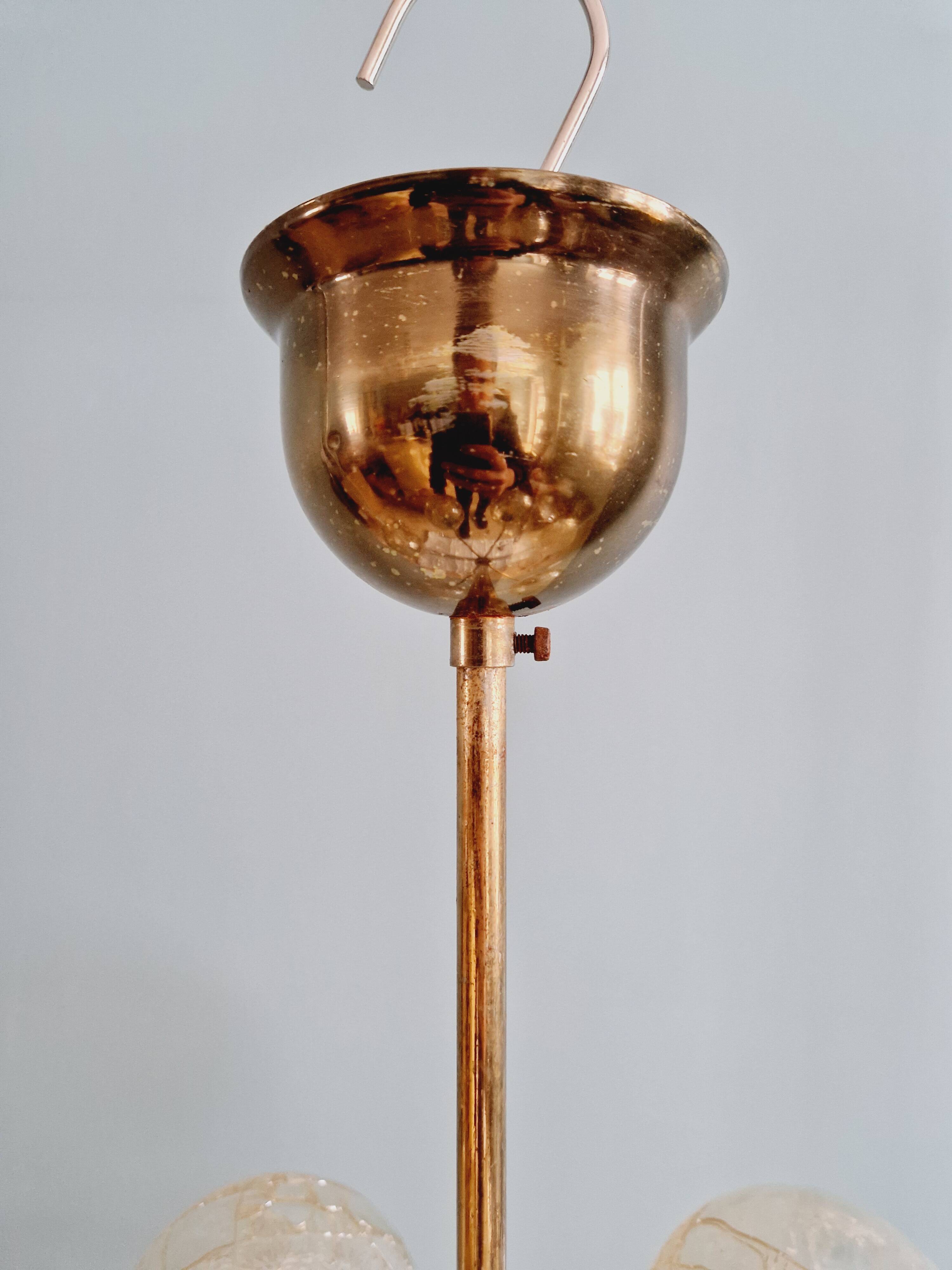 Brass chandelier with amber cracked glass globes, 1950s-60s
