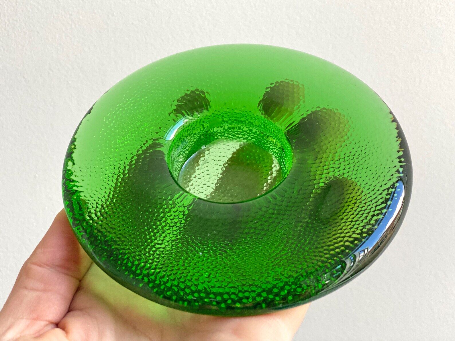 Vintage green structured glass Iittala Nappi tealight holder / candleholder / votive, Markku Salo