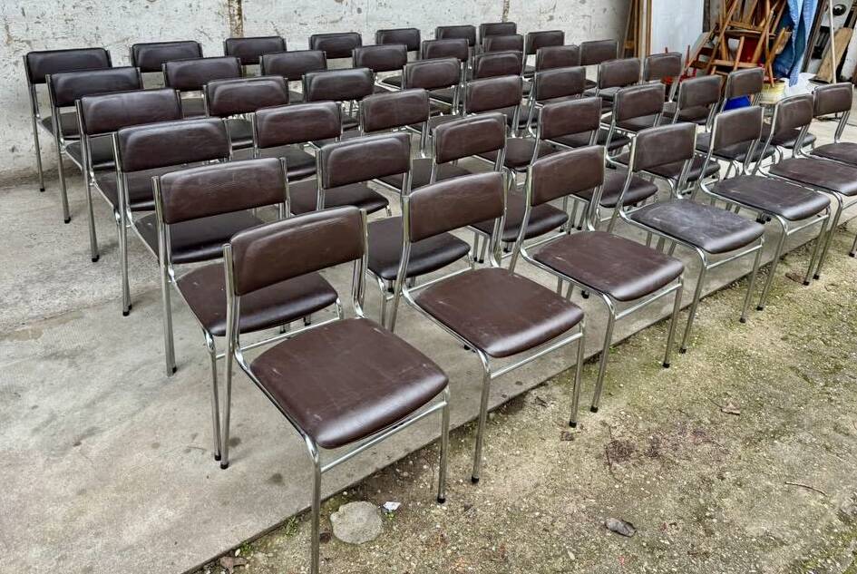 Series of 42 civic chairs year 1970 stackable chrome and skai