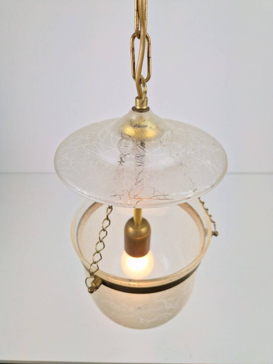 Vintage Brass and Mounted Glass Hundi Lantern Bell Lamp, 1950s