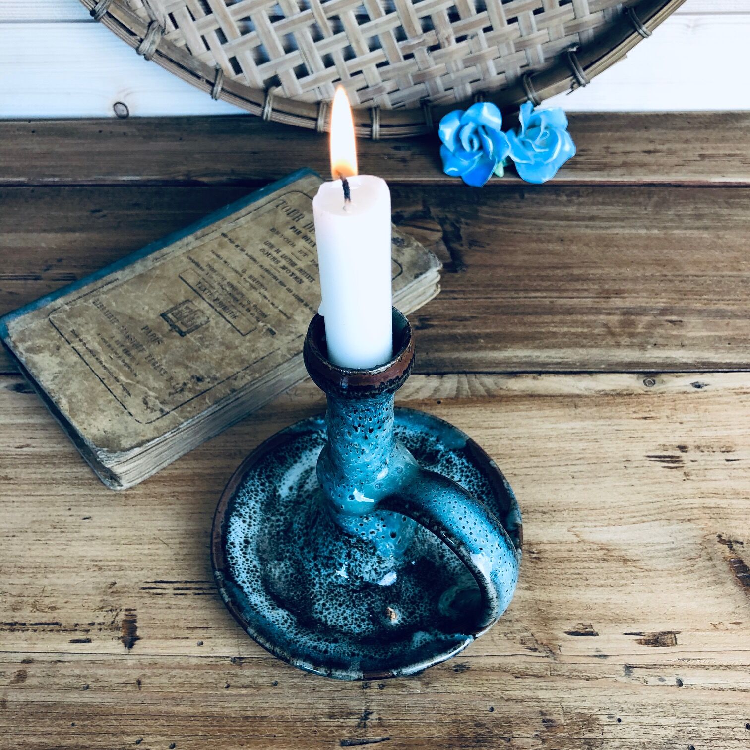 Blue glazed varnished sandstone cellar rat candlestick