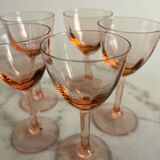 5 small pink glass stemmed glasses