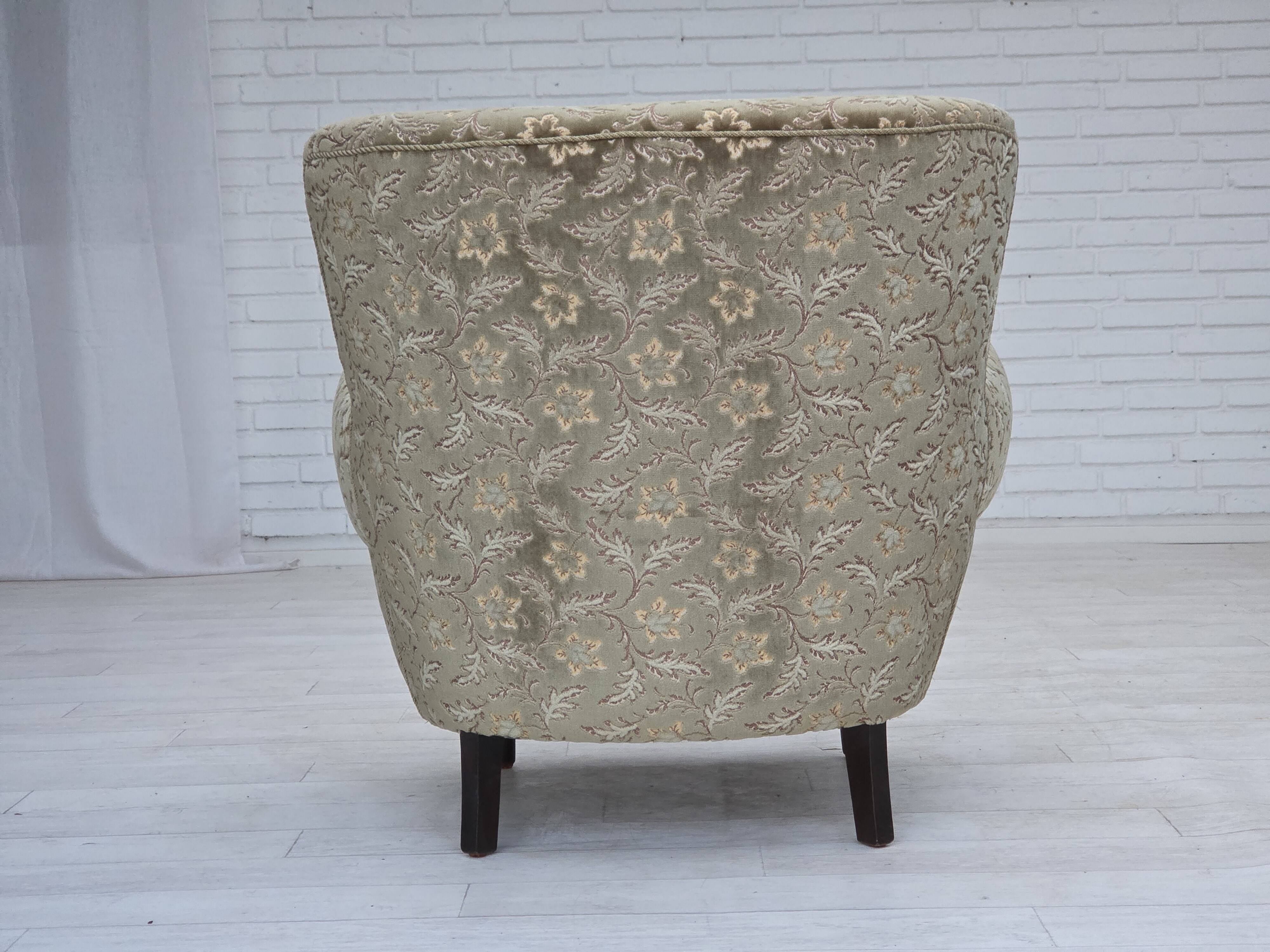 1960s, Danish armchair, light green furniture velour, teak wood legs.