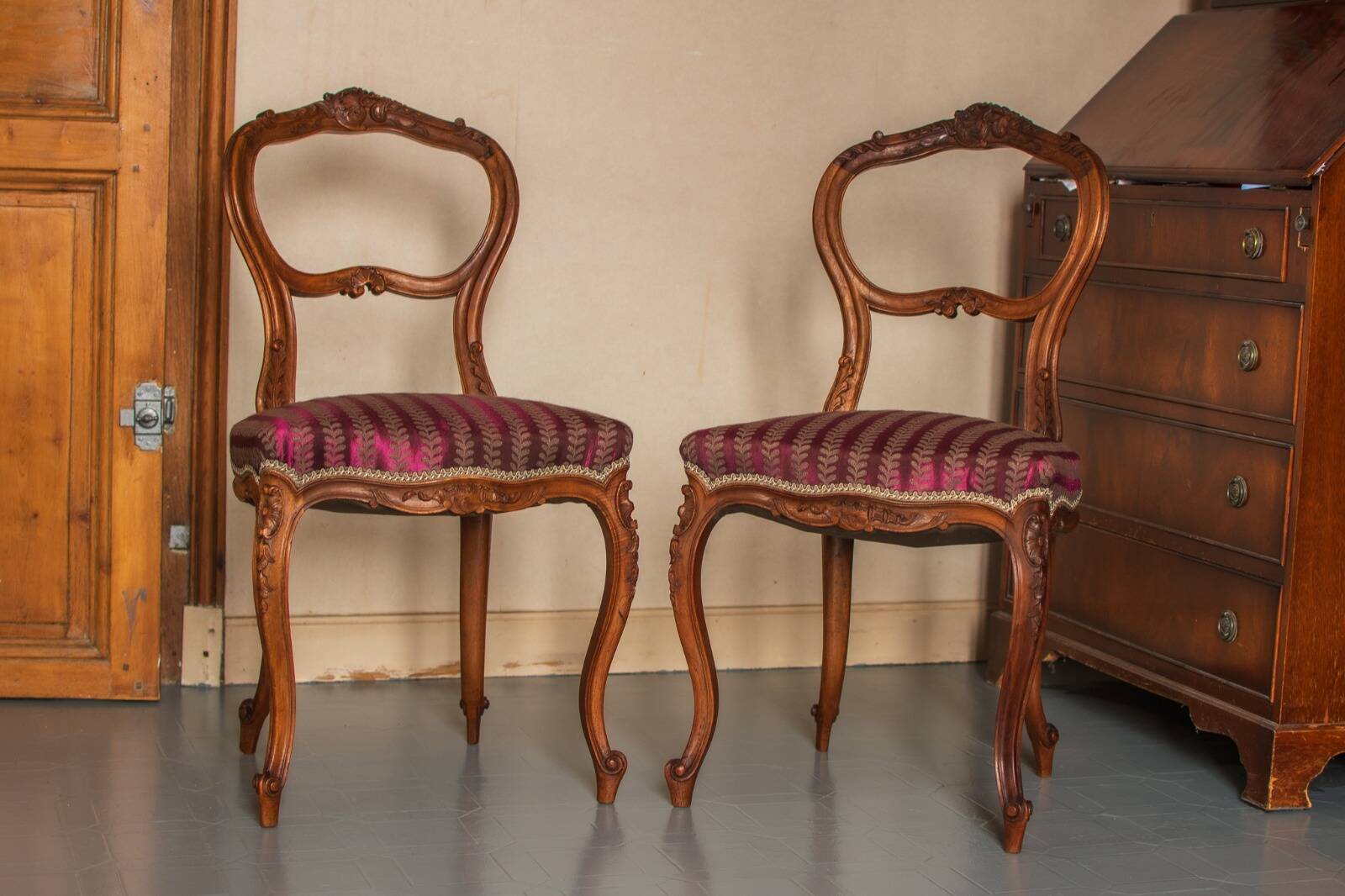 Pair of Rococo style chairs — Feminine & elegant, reupholstered in the antique style.