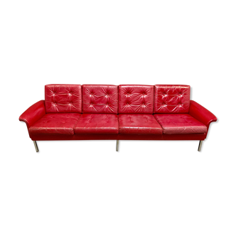 Canapé cuir rouge 4 places design 1950