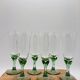 6 vintage champagne flutes, green stem, France