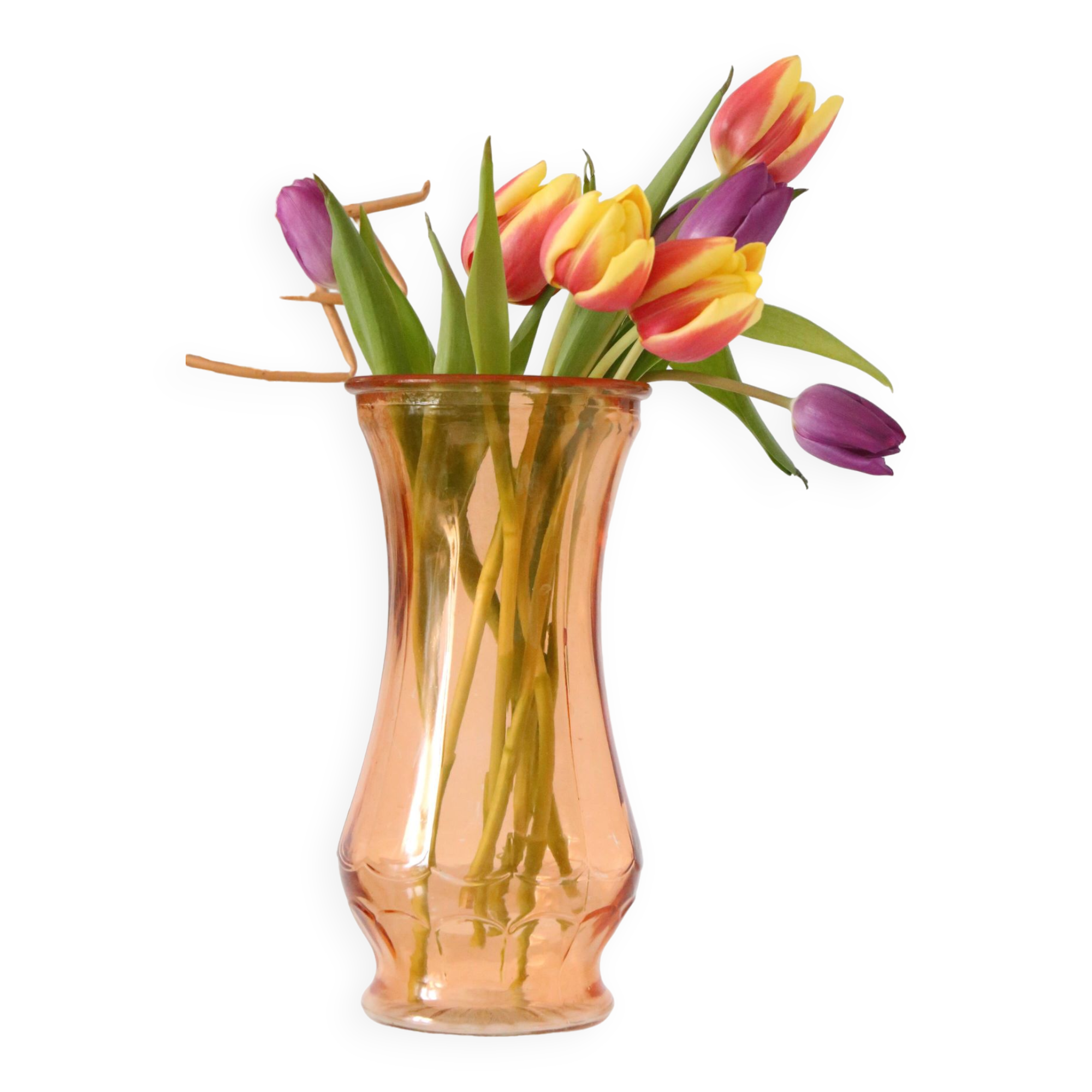 Large glass vase, apricot, French vintage, authentic