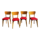Set of 4 vintage bistro chairs in wood and red faux leather, with splayed legs.