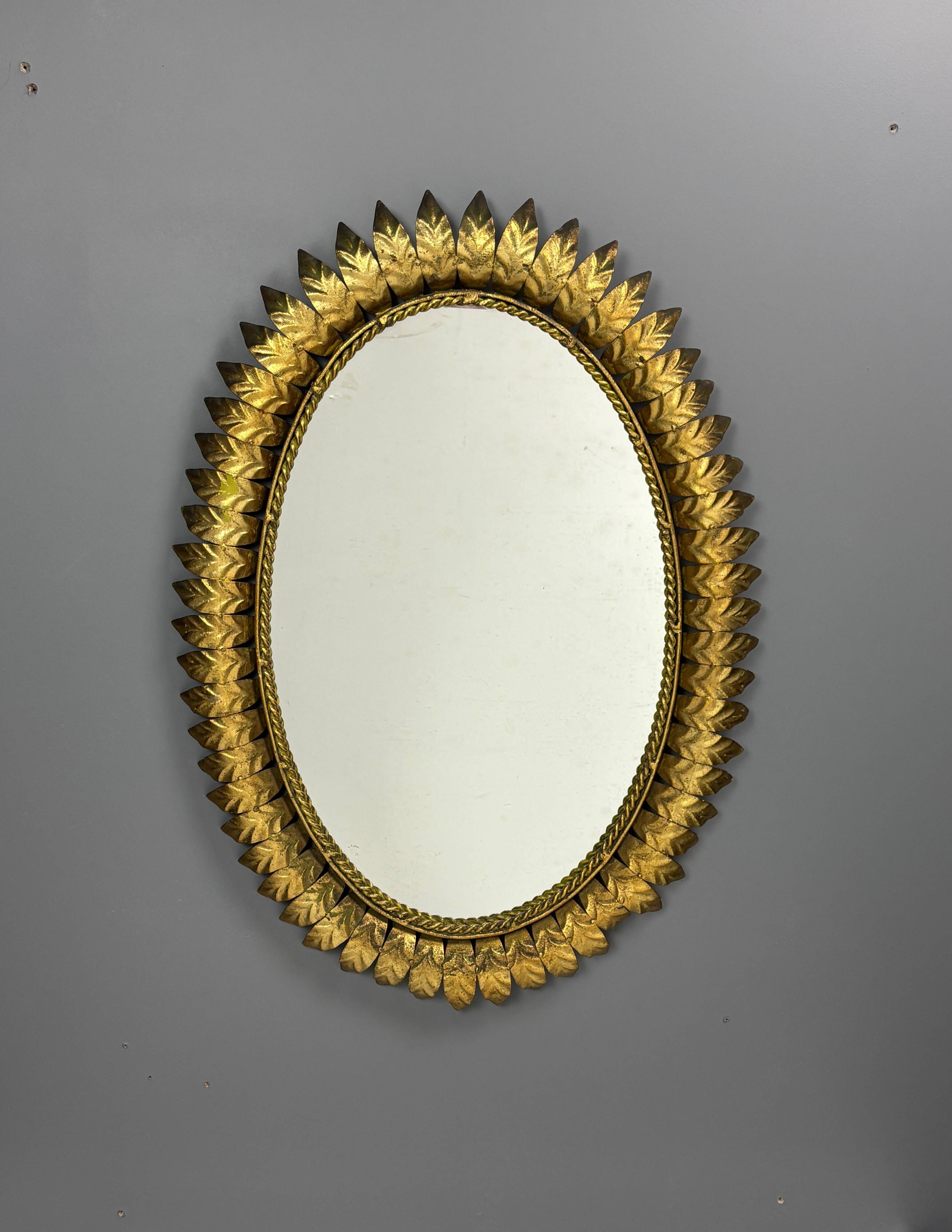 Midcentury bohemian hollywood regency spanish gilt metal sun mirror, 1960s