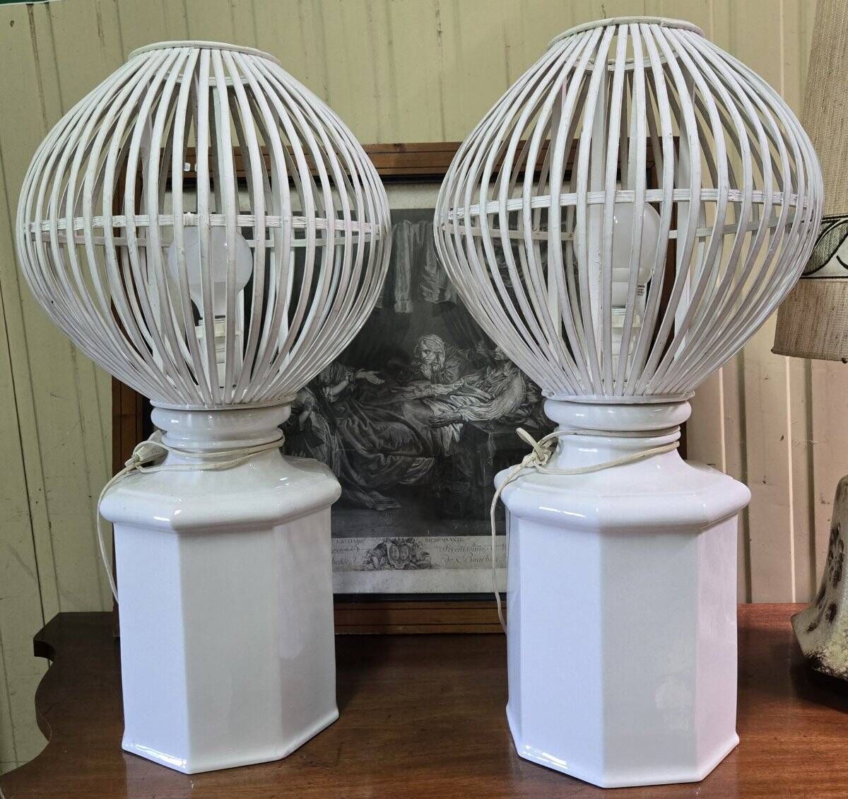 a pair of very large modernist lamps in painted ceramic and wood