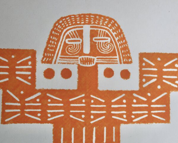 Estampe originale Pré-Colombienne, Aztèques Colombie folk années 60