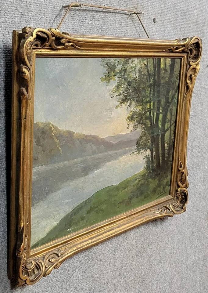 A Maury: oil on canvas painting view of Lake Annecy around 1920