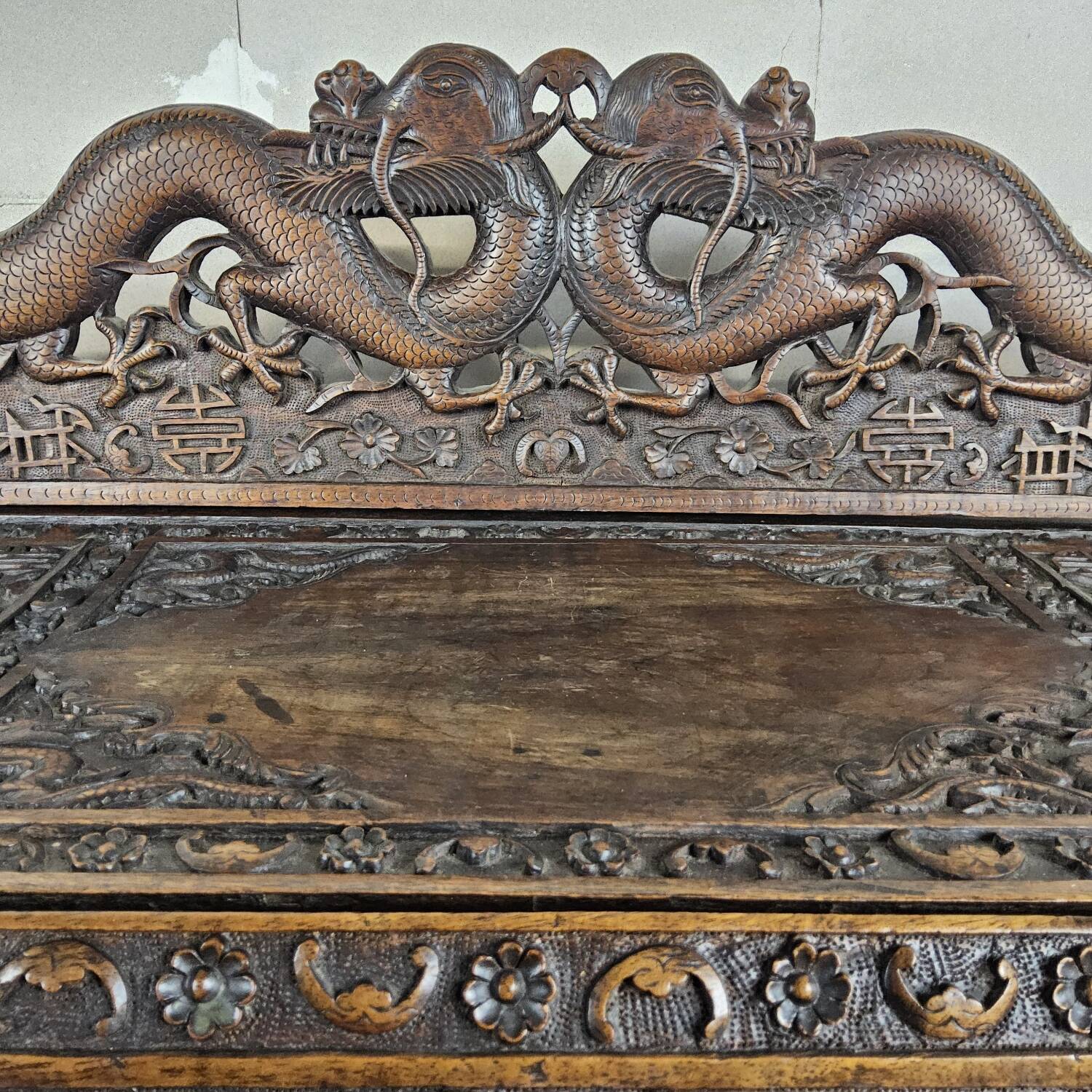 Antique 19th-century Chinese secretary with dragon woodcarving