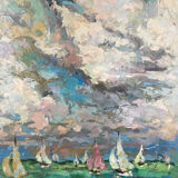 French school of the 20th century. The regattas. Oil on cardboard.