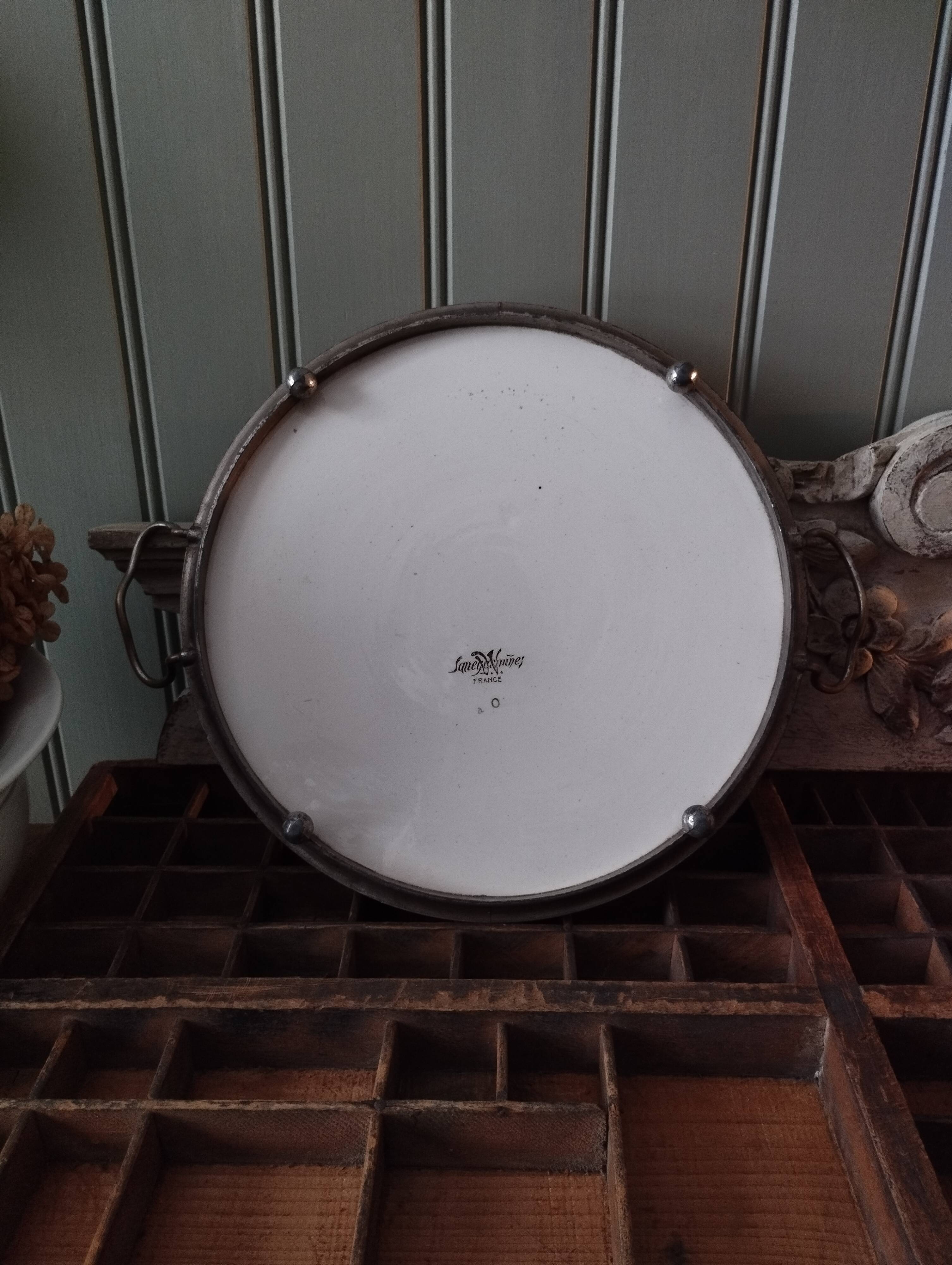 Sarreguemines Digoin “Righi” earthenware tray, metal rim and handles.