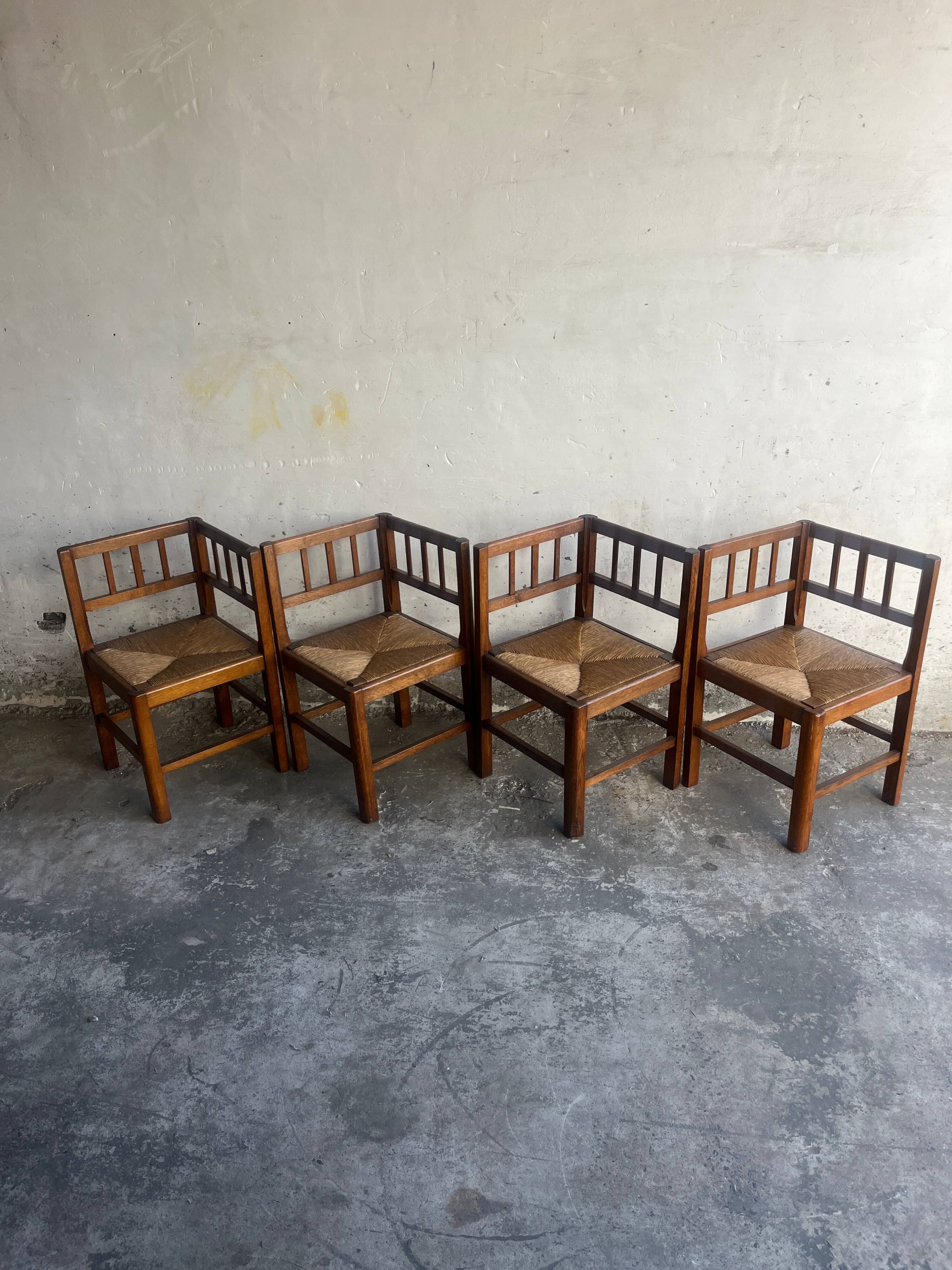 Set of 4 brutalist oak armchairs, 1950s