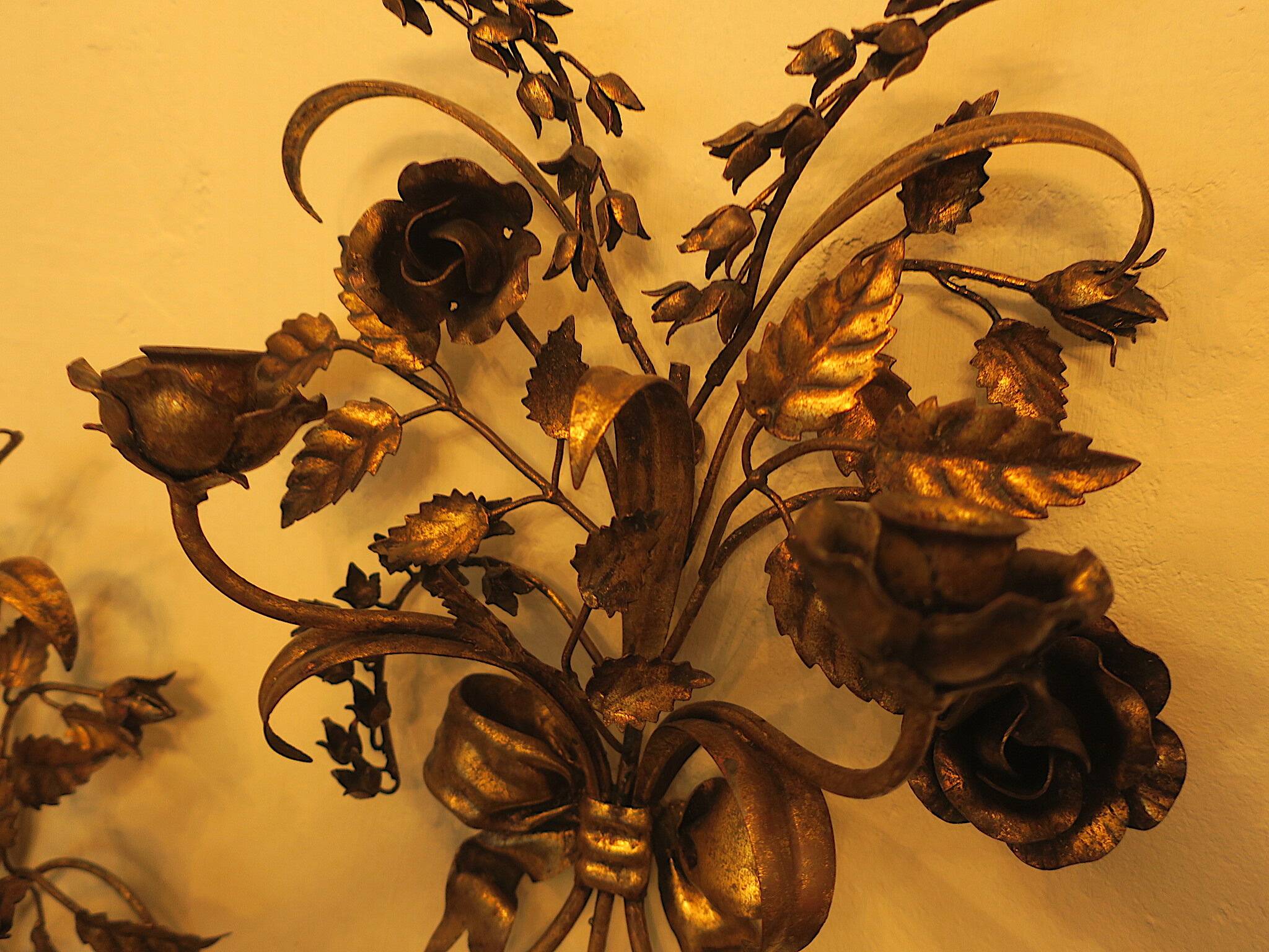 Pair of gold plated wall double candleholders with roses by Hans Kögl, 1960
