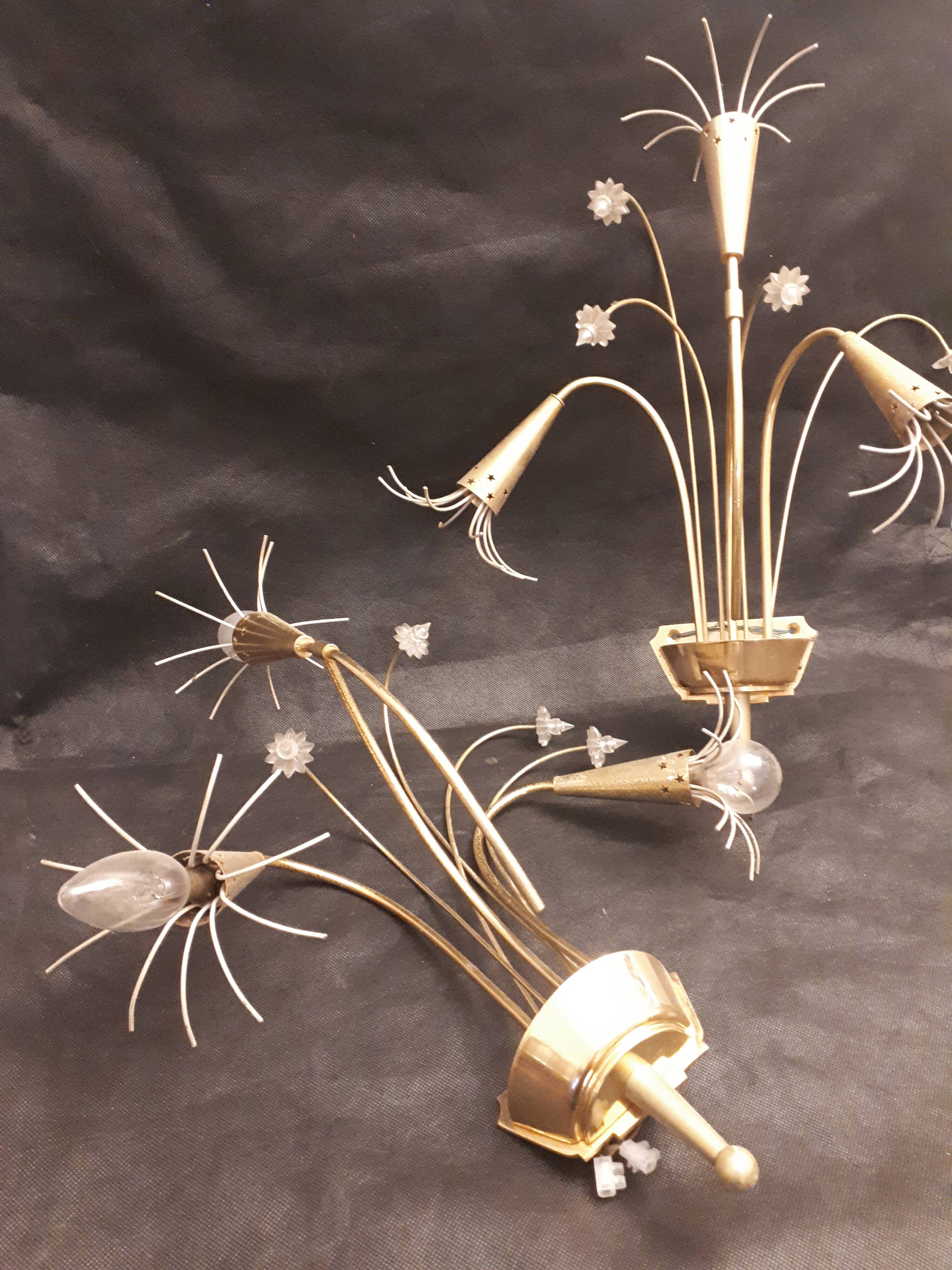 Pair sconces metal dore décor stars Lunel vintage 1950