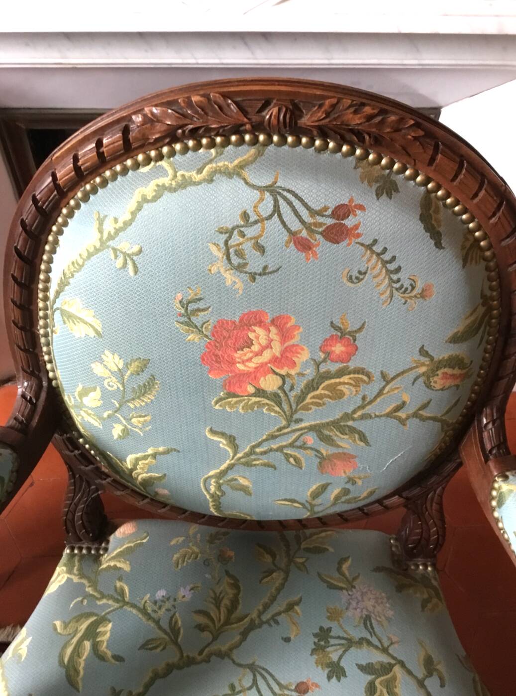 Pair of medallion back armchairs in Louis XVI style