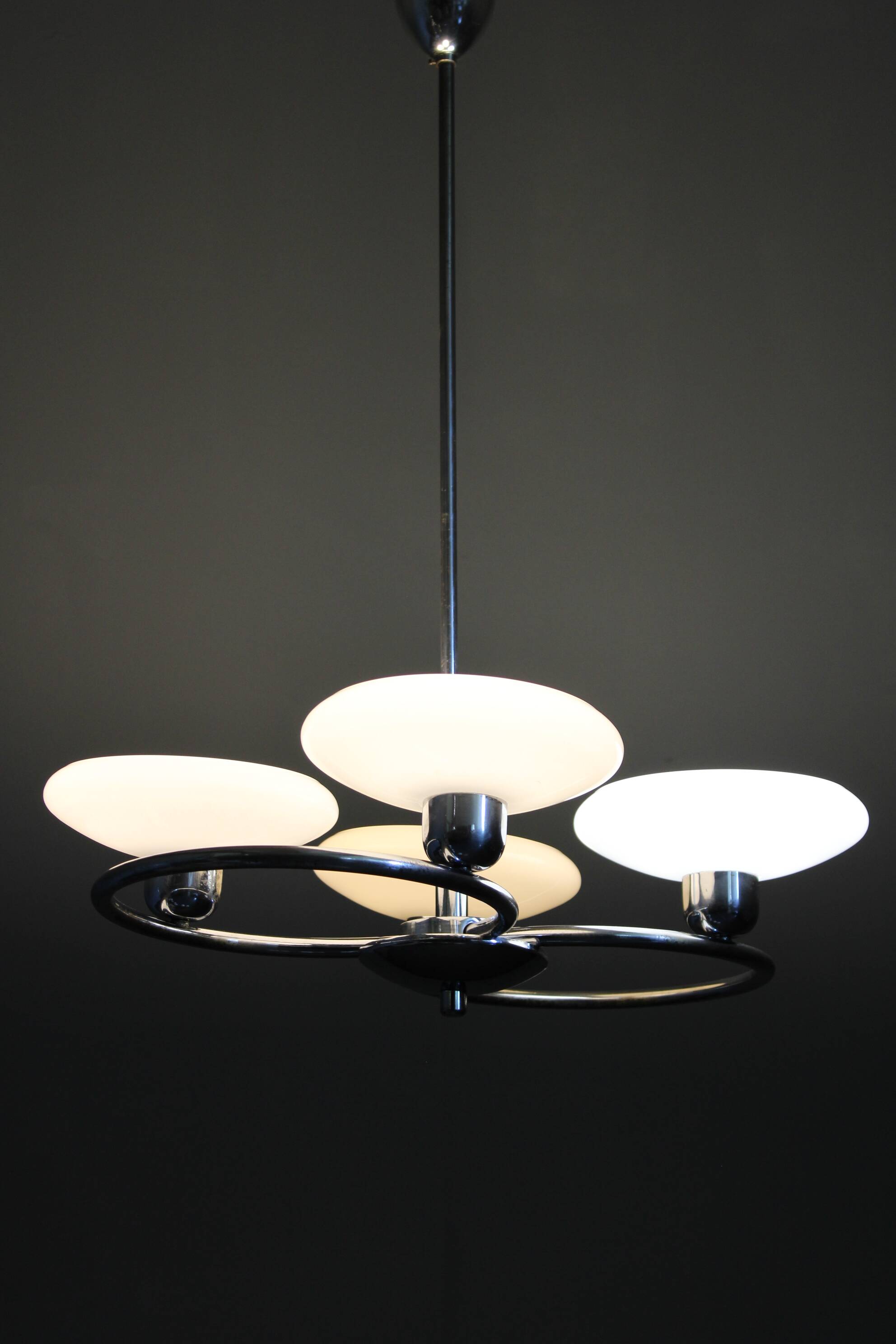 Mid-century chrome chandelier with milk-glass disc shades, Czechoslovakia, 1950s