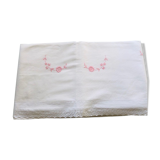 Drap coton brodé main fleurs roses