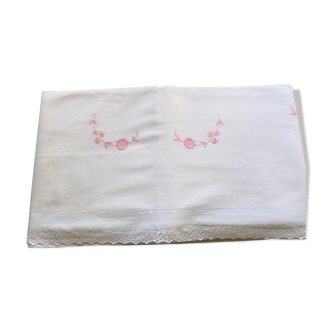 Hand embroidered cotton drap pink flowers