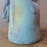 Brutalist jug numbered 52 in turquoise and blue painted terracotta