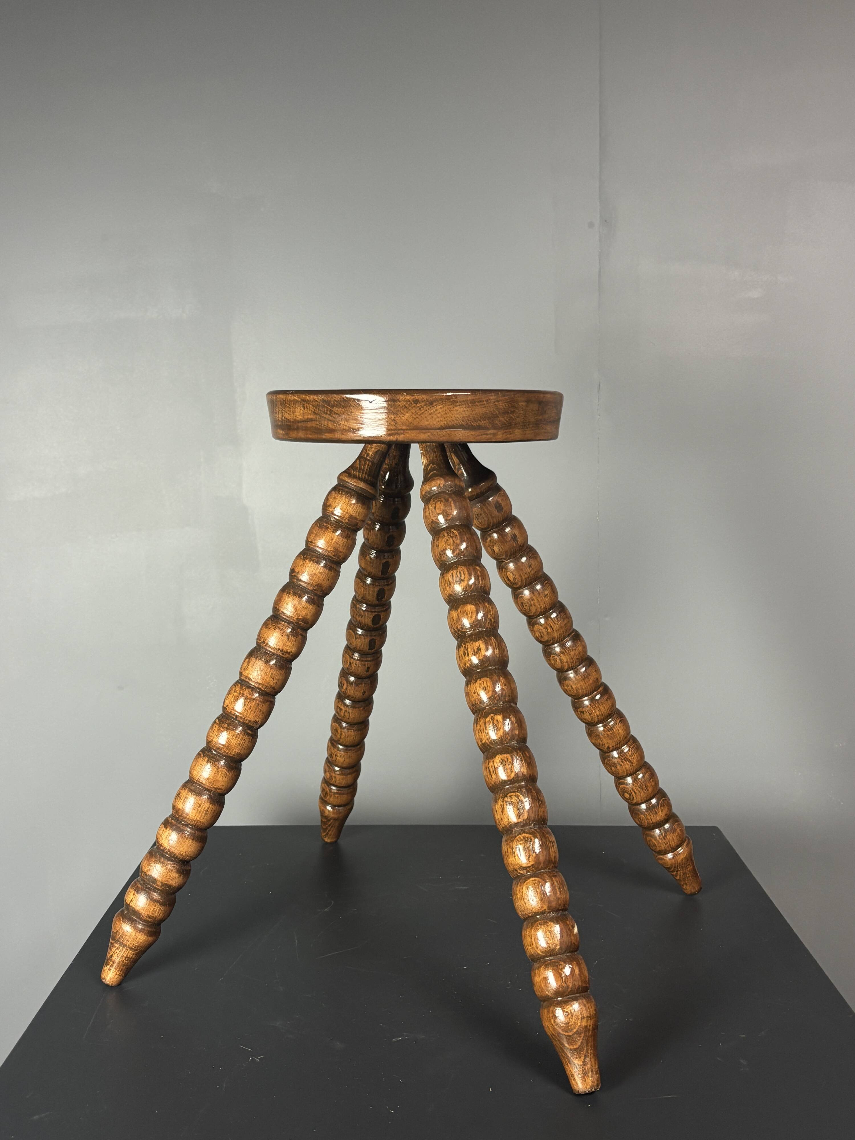 Midcentury bobbin wood turned farm house stool, France ca 1960s