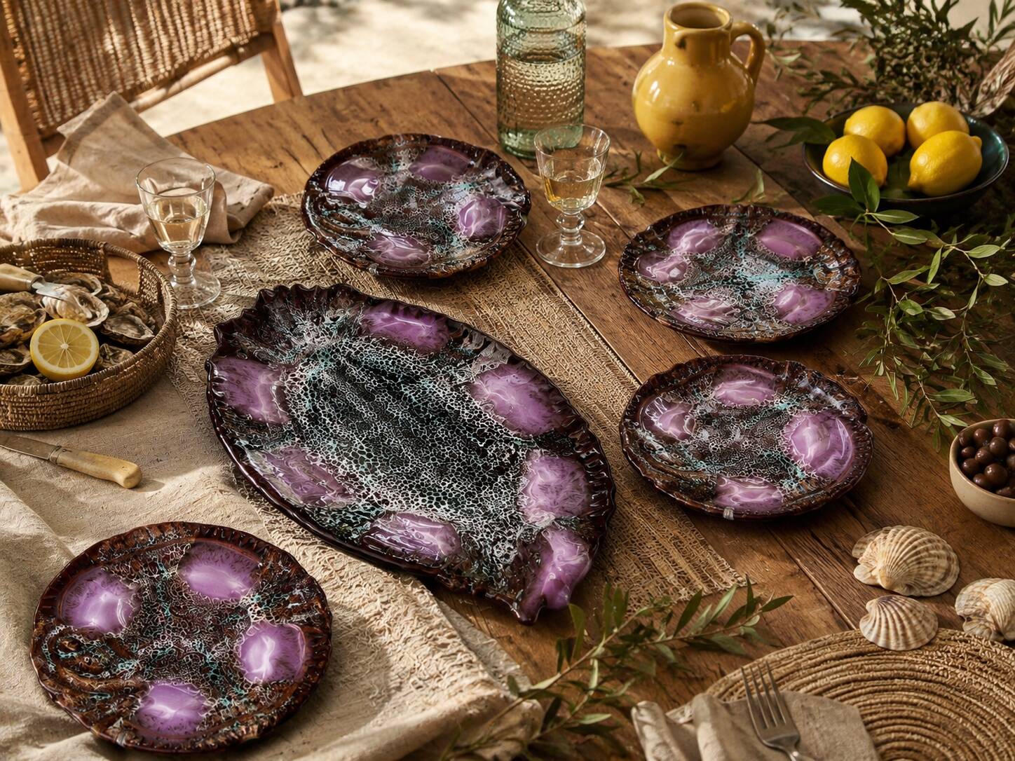Vintage Fish Service Vallauris – 7-Piece Set in Enamelled Earthenware