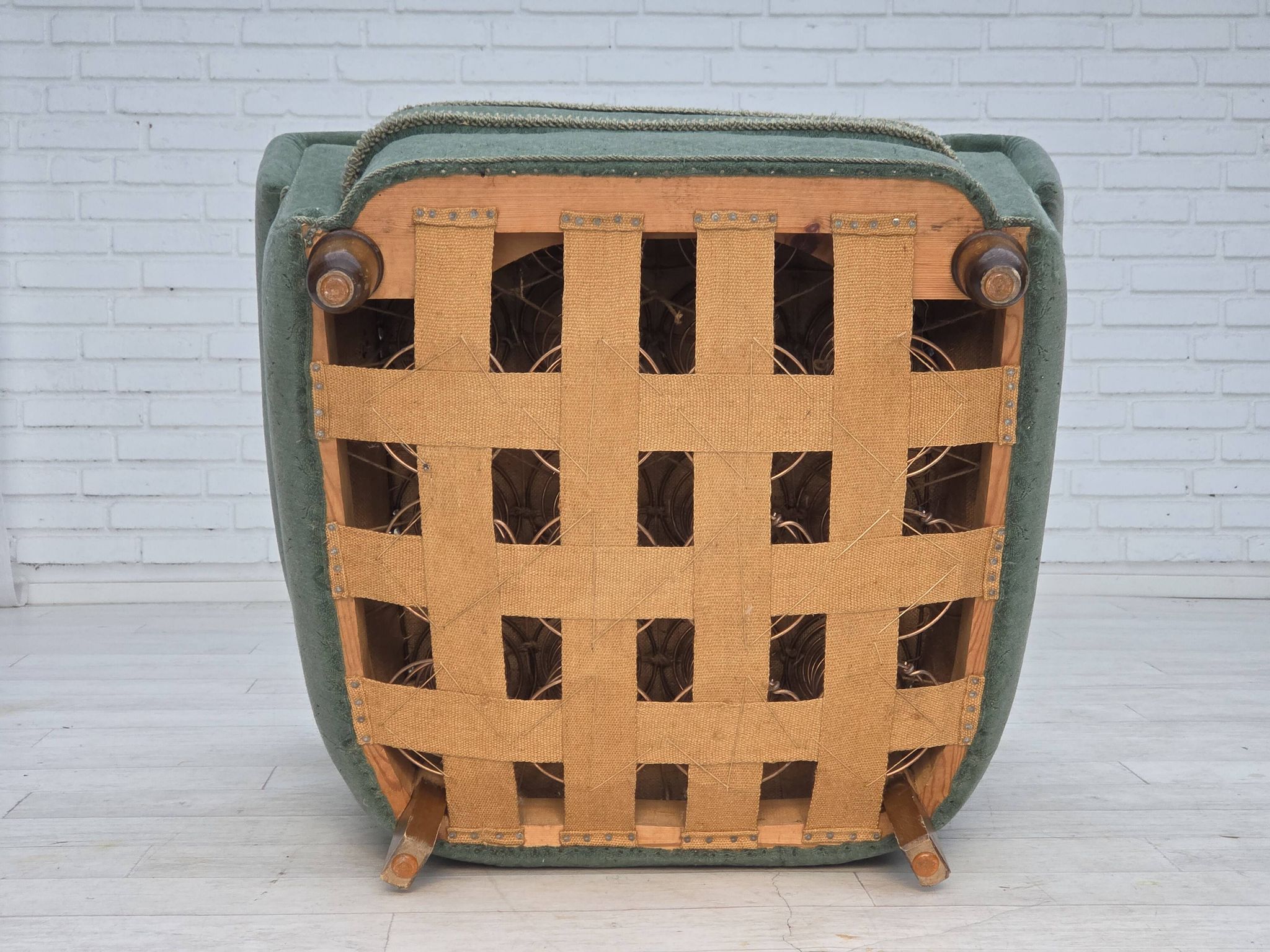 1960s, Danish armchair, light green furniture wool, oak wood legs.