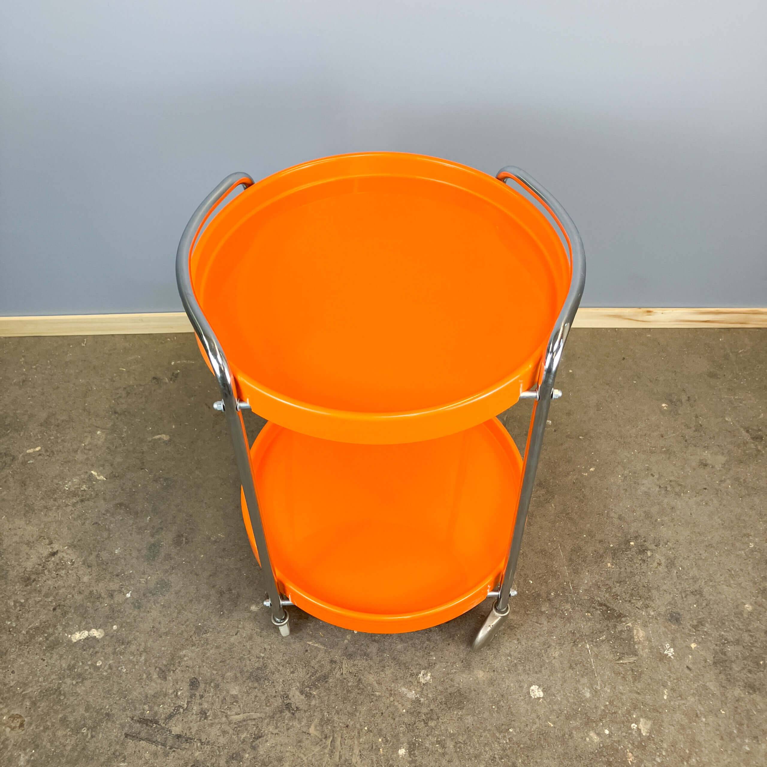 Space Age serving trolley, chrome and orange plastic trays, 1970s