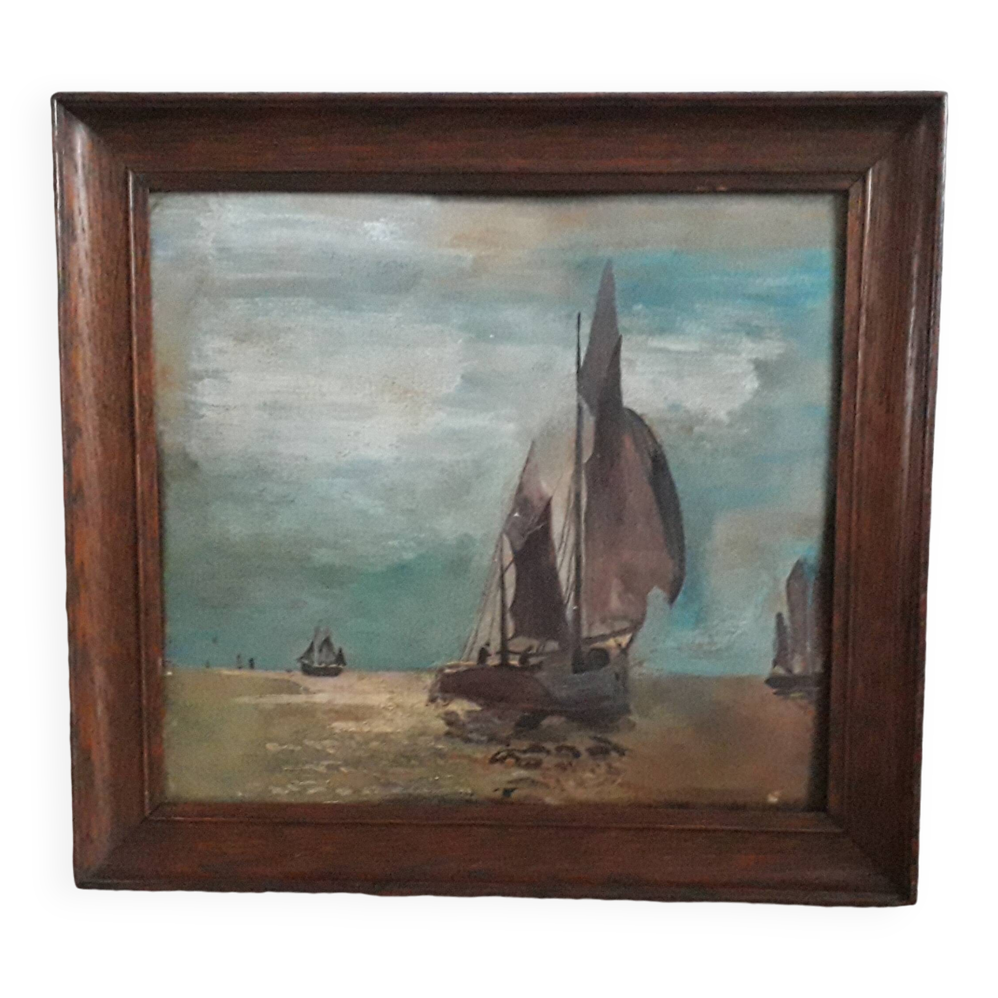 Old oil painting depicting a marine scene
