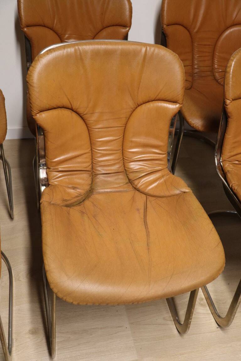 Series of 6 vintage Cidue Italy chairs in leather and metal, 1970s