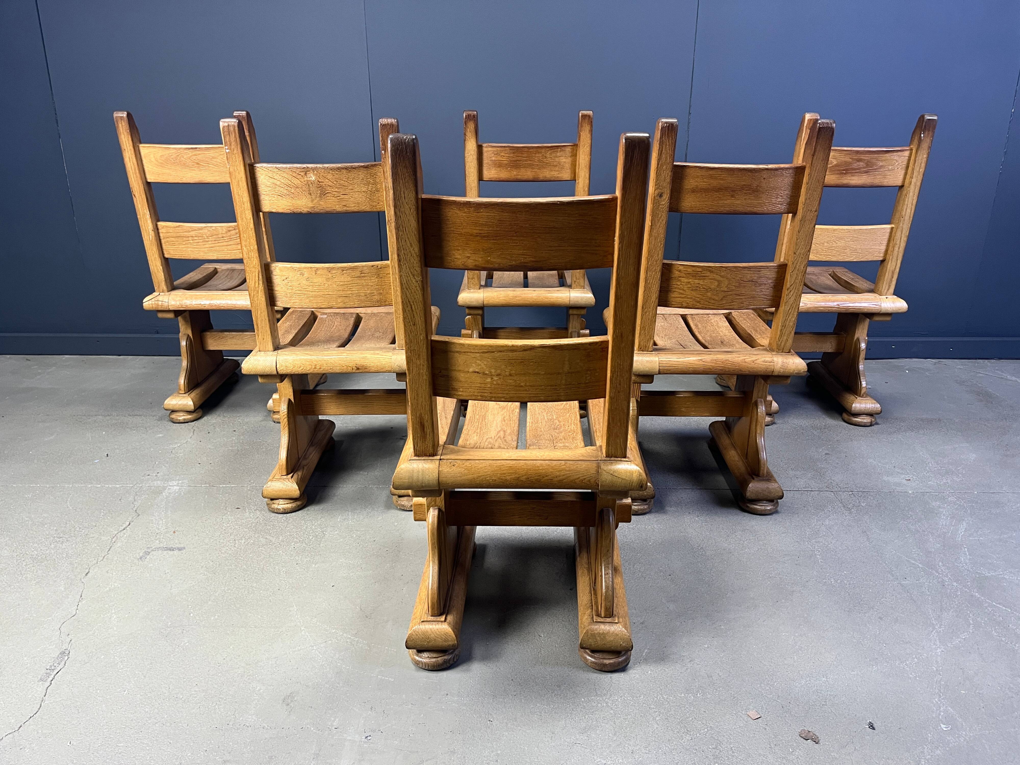 Solid oak brutalist dining chairs, 1960s